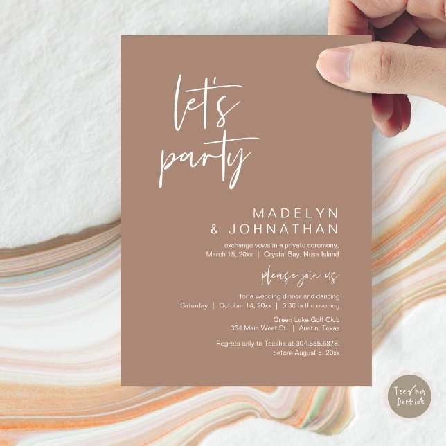 Lasst uns Party, Hochzeitsessen und Tanzen essen Einladung (Let's Party, Modern Wedding Elopement Dinner and Dancing Invitation Card, PDF, in Neutral Taupe)