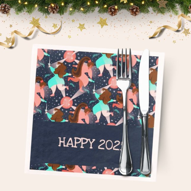 Lasst uns Party machen! Neujahr Serviette (New Year party napkin with dancing people, stars and champagne.)