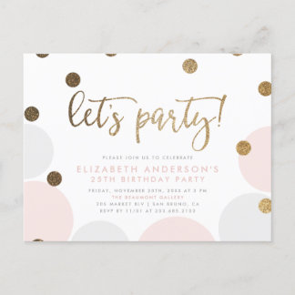 Lasst uns Party machen! | Rosa Blasen Gold Script Einladungspostkarte
