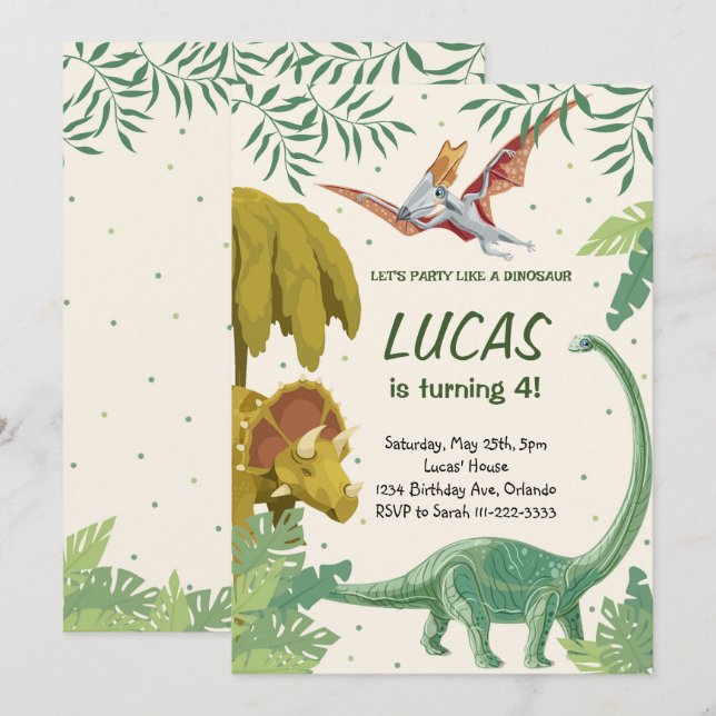 Lasst uns Party machen wie eine Dinosaurier zum Ge Einladung (Vorne/Hinten)