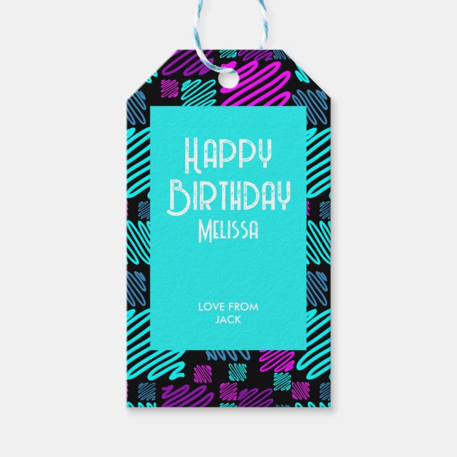 Lasst uns Party Neon Geometric Muster glücklich Ge Geschenkanhänger (Vorderseite)