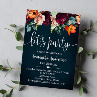 Lasst uns Party Wein Blume Navy Erwachsene Geburts Einladung