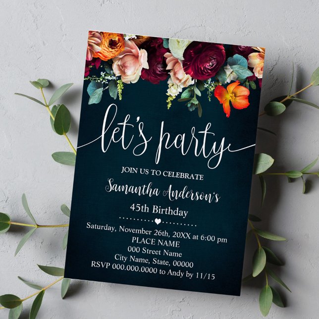 Lasst uns Party Wein Blume Navy Erwachsene Geburts Einladung (Von Creator hochgeladen)