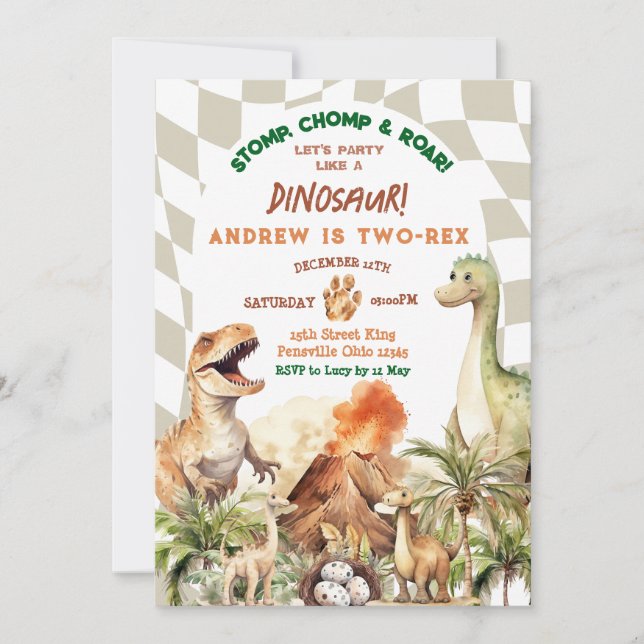 Lasst uns Party wie Dinosaurier Vintager Geburtsta Einladung (Vorderseite)