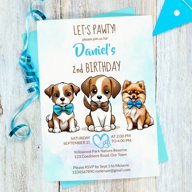 Lasst uns pawty braunblaue niedliche Welpen Geburt Einladung (Let's pawty brown blue cute puppies birthday party invitation editable template digital download)