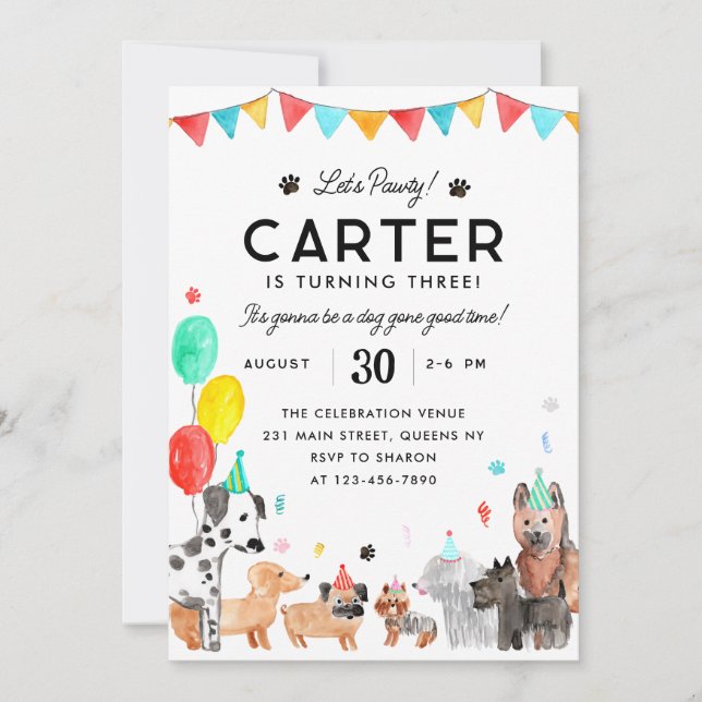 Lasst uns Pawty Party Animal Kids Welpe Hund Gebur Einladung (Vorderseite)