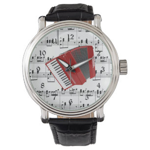 Lasst uns Polka, rote Akkordeon auf Noten. Armbanduhr