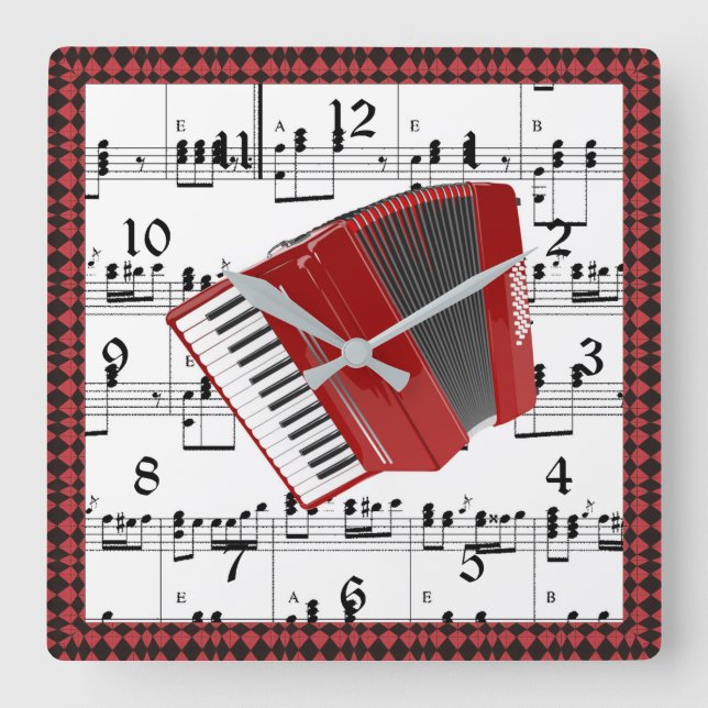 Lasst uns Polka, rote Akkordeon auf Noten. Quadratische Wanduhr (Vorderseite)