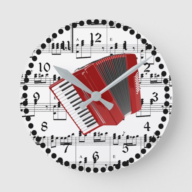 Lasst uns Polka, rote Akkordeon auf Noten. Runde Wanduhr (Vorderseite)