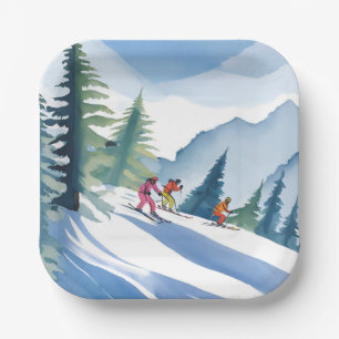 Lasst uns Ski fahren   Winter Aquarell Pappteller