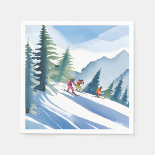 Lasst uns Ski fahren Winter Wasserfarbe Serviette