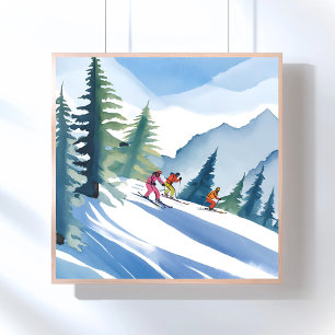 Lasst uns Ski fahren   Winter Wasserfarben Poster