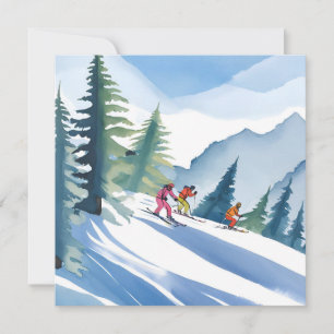 Lasst uns Ski fahren   Winter-Wasserfarbenkarte
