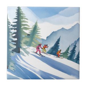 Lasst uns Ski fahren   Winter-Wasserfarbenmalerei Fliese
