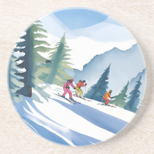 Lasst uns Ski fahren   Winter-Wasserfarbenmalerei Getränkeuntersetzer