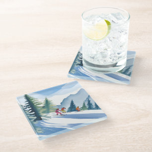 Lasst uns Ski fahren   Winter-Wasserfarbenmalerei Glasuntersetzer