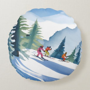 Lasst uns Ski fahren Winter-Wasserfarbenmalerei Rundes Kissen