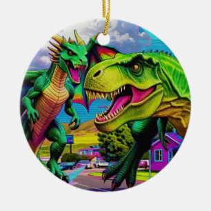Lasst uns spielen - Grüner Drache und Dinosaurier Keramik Ornament