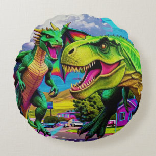 Lasst uns spielen - Grüner Drache und Dinosaurier Rundes Kissen