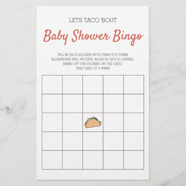 Lasst uns Taco Bout Baby Shower Bingo Game (Vorderseite)