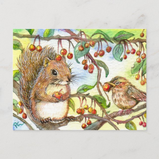 Lasst uns teilen - Eichhörnchen und Sparrow Postkarte (Vorderseite)