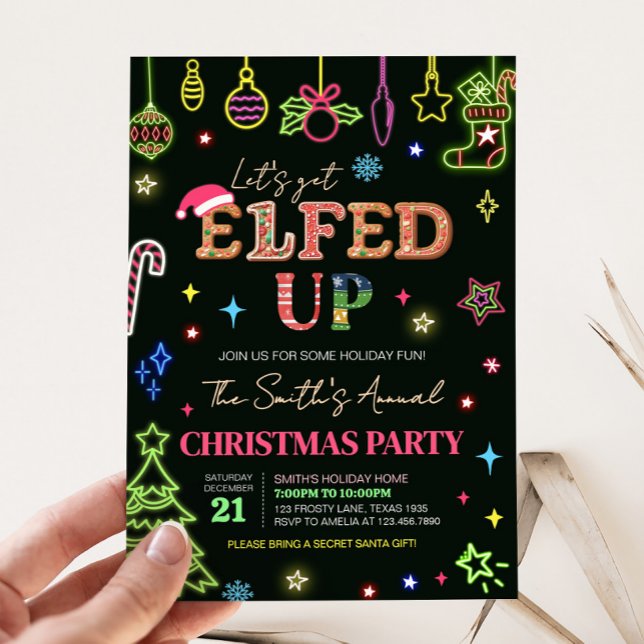 Lasst uns Weihnachts-Party erledigen Einladung (Let's Get Elfed Up Neon Christmas Party Invitation)