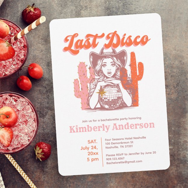 Last Disco Retro Pink Cowgirl Bachelorette Party  Einladung (Von Creator hochgeladen)