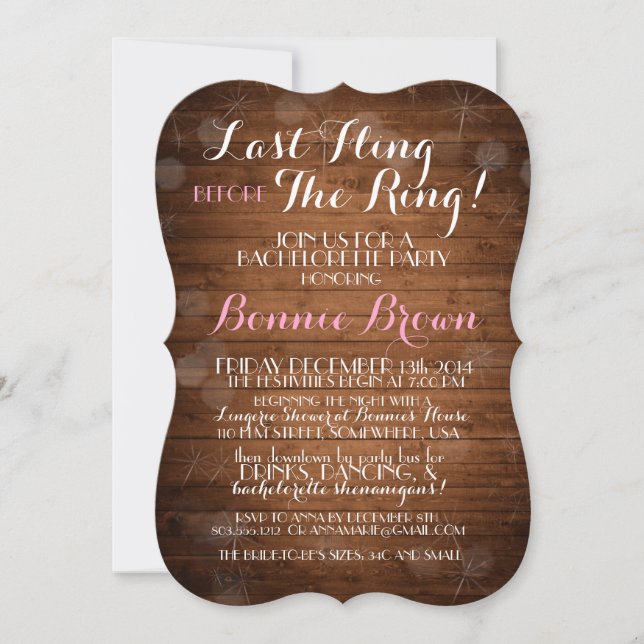 "Last Fling Before the Ring" Bachelorette Einladun Einladung (Vorderseite)