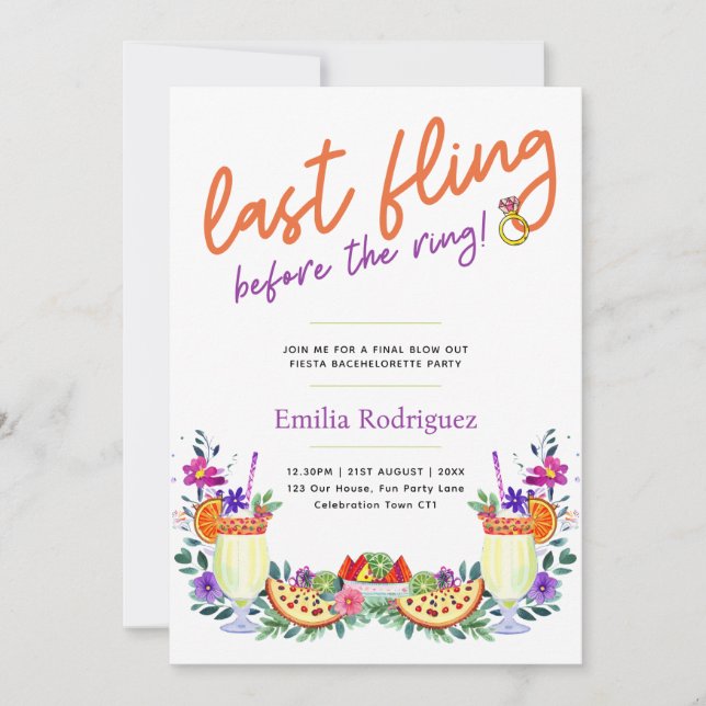 Last Flying Fiesta Cocktails Tacos Bachelorette Einladung (Vorderseite)