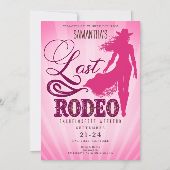 Last Rodeo Pink Cowgirl Nashville Bachelorette  Einladung (Vorderseite)
