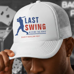 Last Swing Before the Ring Baseball Bachelor Party Truckerkappe<br><div class="desc">Step up to the plate with this last swing before the ring bachelor party trucker hat.  Designed in red and blue,  with a baseball player,  it's perfect for sports fans. Personalize it with the groom's name for a custom keepsake that is sure to be a home run.</div>