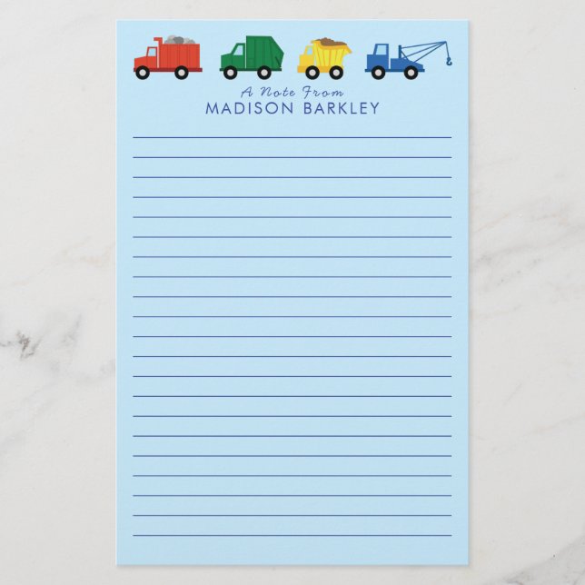 Lastwagen Baufahrzeuge Boys Niedliche Kinder Briefpapier (Vorderseite)