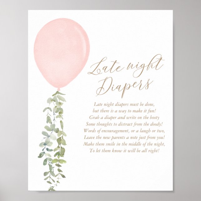 Late Night Diapers Pink Balloon Girl Baby Shower Poster (Vorne)