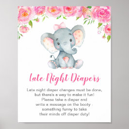 Late Night Diapers Sign Elephant Baby Shower Girl Poster