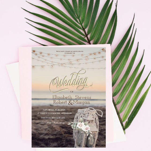 Laterne, Lichterkette, Blumen, Strandhochzeit Einladung (Von Creator hochgeladen)