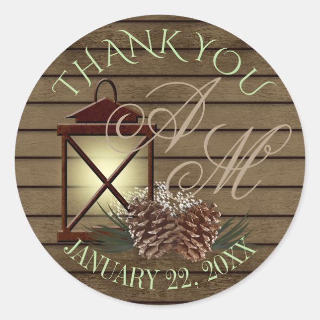 Laterne und Pine Rustic Winter Monogram Runder Aufkleber (Vorderseite)