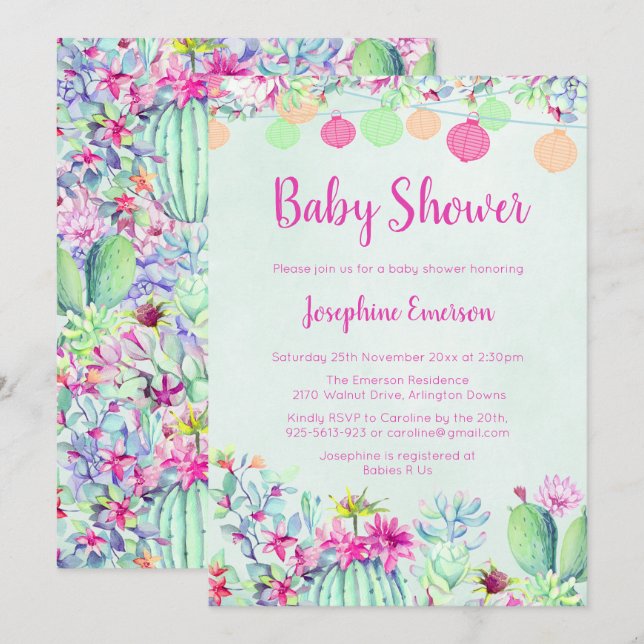 Laternen & Kaktus Kinderdusche Einladungen (Vorne/Hinten)