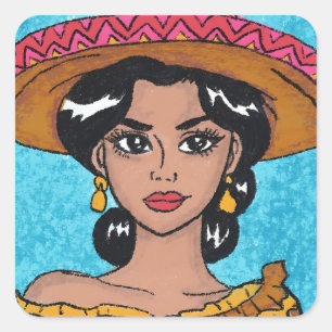Latina Hand Drawn Frau mit Sombrero Quadratischer Aufkleber