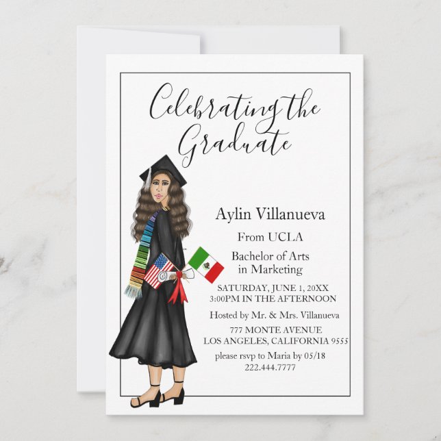 Latina mit Flaggen und Diplomaten-Uni-Abschluss Einladung (Vorderseite)