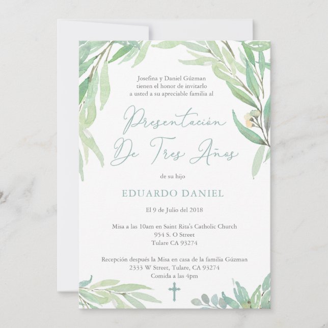 Latino Dreijährige Präsentationsmesse für Junge Einladung (Vorderseite)