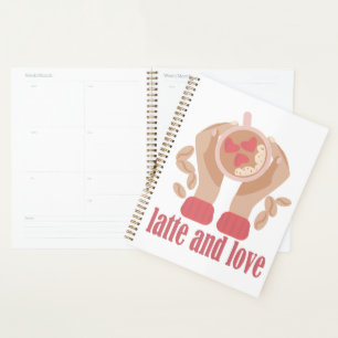 Latte and love cup, hands and coffee quote   planer