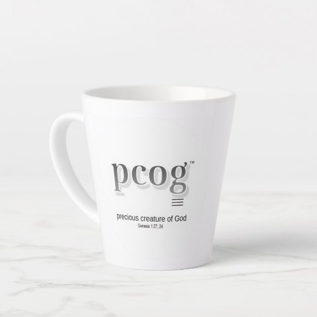 Latte Mug 12 oz flaired - "pcog" aconym and words (Angle gauche)