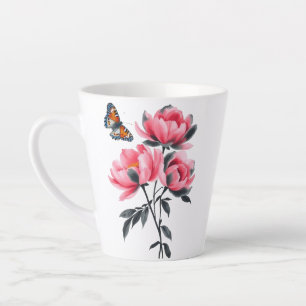 Latte Mug - Fleurs de pivoines roses, Papillon