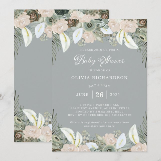 Laub und Blumen| weiche graue Babyparty Einladung (Vorne/Hinten)