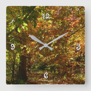 Laubdach des Herbstlaubs II Gelbe Herbstfotografie Quadratische Wanduhr