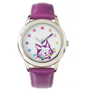 Lauerne violette Katze mit Pfoten als Zahlen Armbanduhr