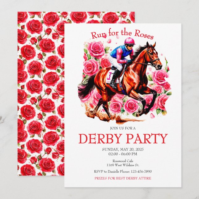 Lauf für die Rose Pferde Derby Party Einladung (Vorne/Hinten)