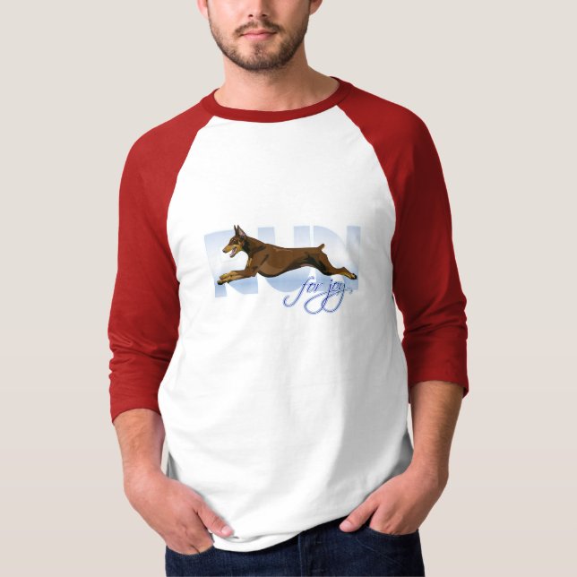 Laufen Sie für Freude, roter Dobermann T-Shirt (Vorderseite)