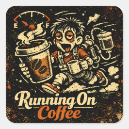 Laufend auf Kaffee – Koffeinhaltiger Humor Überleb Quadratischer Aufkleber
