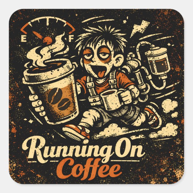 Laufend auf Kaffee – Koffeinhaltiger Humor Überleb Quadratischer Aufkleber (Vorderseite)